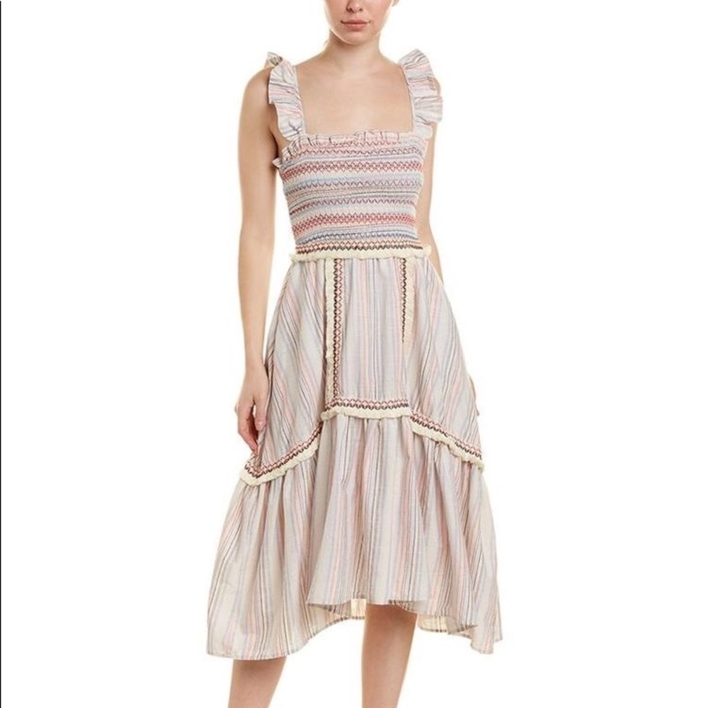 ALLISON SMOCKED EMBROIDERED MIDI DRESS